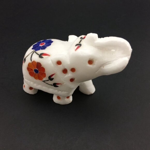 White Marble Elephant Figurine with Stone Inlay Floral Motif Trunk Up Handmade - Picture 5 of 16